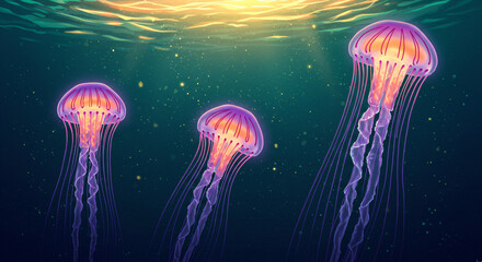 Naklejka premium Three bioluminescent jellyfish