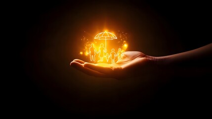 Conceptual insurance design featuring a glowing hand holding icons representing a family under the shelter of an umbrella symbolizing safety trust and financial protection