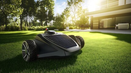 Modern autonomous robotic lawnmower working on residential garden, automated grass maintenance technology in sunlit yard, smart home gardening equipment in action