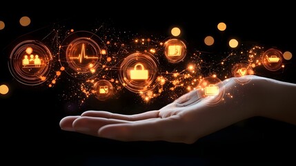 Conceptual of glowing digital icons representing family health and financial assets floating above an open hand