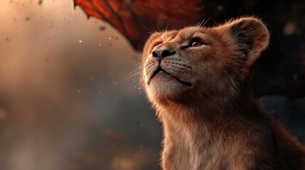 Fototapeta premium A young lion cub gazes upward, capturing a sense of curiosity and wonder that symbolizes exploration and the beauty of new beginnings as light dances around it majestically.