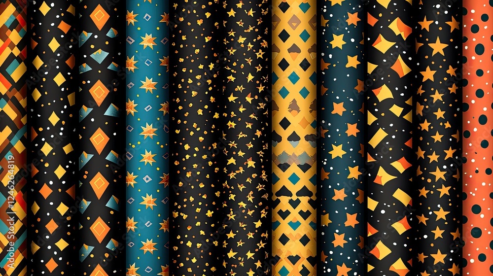 Poster assorted fabric rolls displaying geometric and star patterns