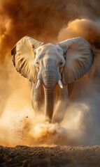 Elephant charging through dusty savanna at sunset, powerful wildlife image