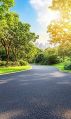 Empty asphalt road through green park with city skyline in background, ideal for travel or environment themes