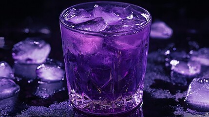 A striking cocktail in a crystal glass filled with ice glimmers in various shades of purple