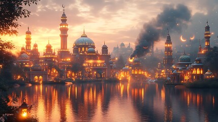 Naklejka premium Vibrant City at Sunset with Ornate Towers and Flickering Lights Reflecting on Water Amidst Rising Smoke