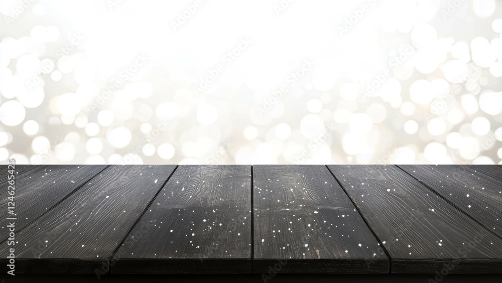 Poster empty dark wooden table with sparkling bokeh background, ideal for product placement