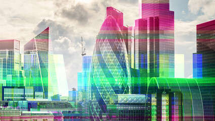 london skyline with computer code and data