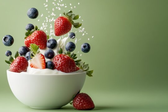Naklejki Fresh Berries Tumble Into Creamy Yogurt Bowl Against a Pastel Green Backdrop, Creating a Vibrant and Inviting Composition for Microstocks