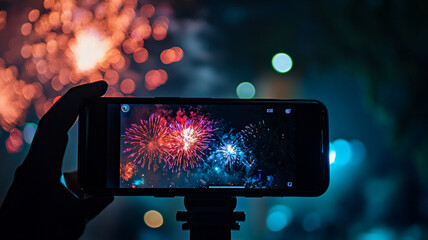 Close up of phone capturing vibrant fireworks display at night