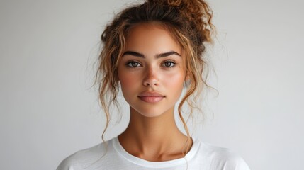 mock up t shirt portrait of a beautiful young woman with curly hair and white t shirt studio shot on white background