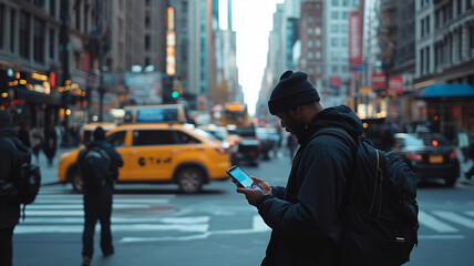 person using phone to book ride in busy city street