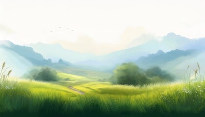 Obraz premium Serene Landscape with Rolling Green Hills and Misty Mountains