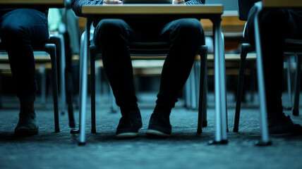 Seated individuals in classroom, focusing on their legs and shoes