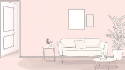 Minimalist pink living room interior design, sofa, plants.