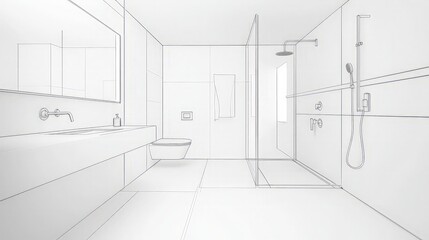 Modern bathroom design sketch, minimalist shower, sink, toilet. Architecture visualization.