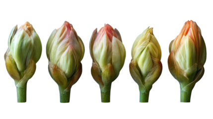 Chestnut buds in a row, against a white background, close-up botanical photograph of spring growth and new beginnings for flora and fauna.