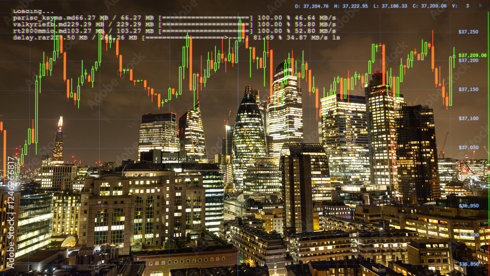 Poster london skyline with computer code and data