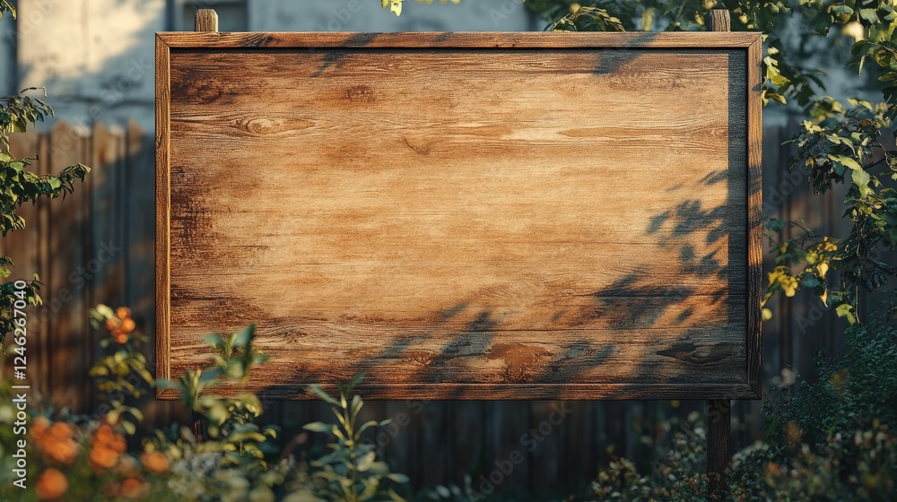 Poster empty wooden poster frame surrounded by nature in a serene garden setting ideal for customization or