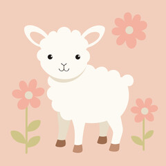 Smiling Easter Lamb in Pastel Flower Meadow cute farm card sheep field happy    