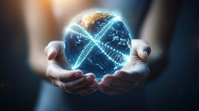 A person holding a glowing digital globe symbolizing global connectivity, science and technology.