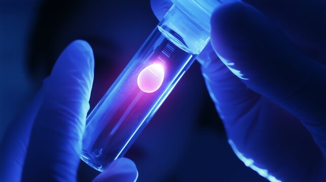 A focused hand, wearing a glove, holds a glowing test tube with glowing fluid, illuminated by blue lights.