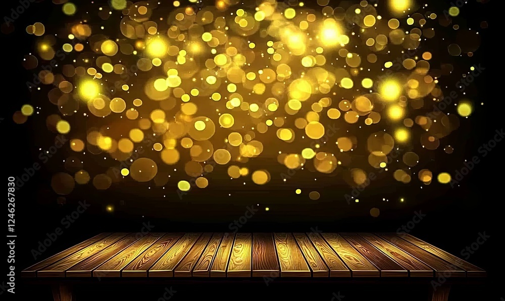 Poster empty wooden table top on golden bokeh background for product display