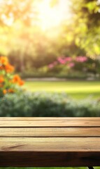 Fototapeta premium Empty wooden table in sunny park with blurred flowers, perfect for product placement