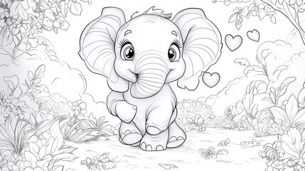 Black and white baby elephant illustration with hearts line art for kids coloring