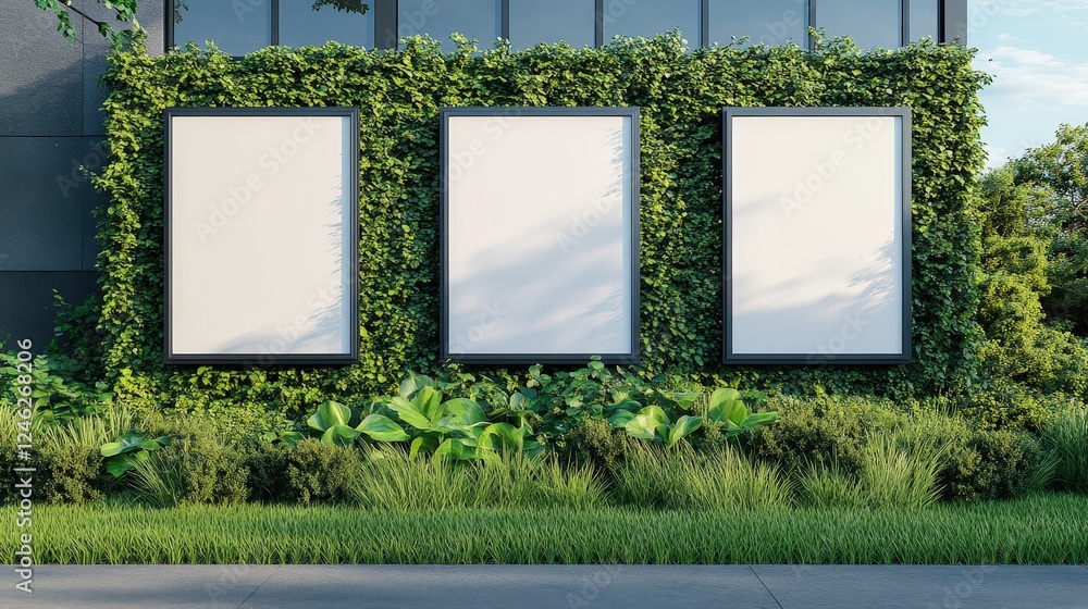 Poster empty vertical mockup templates surrounded by greenery for creative advertising and design projects 