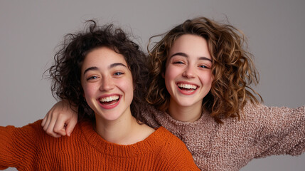 Young Woman Carrying Friend on Piggyback Against Gray Background