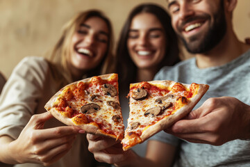 Friends enjoying pizza slices together with joyful smiles in a lively gathering
