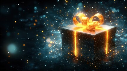 Glowing abstract gift box with floating ribbons enchanted environment digital art fantasy viewpoint