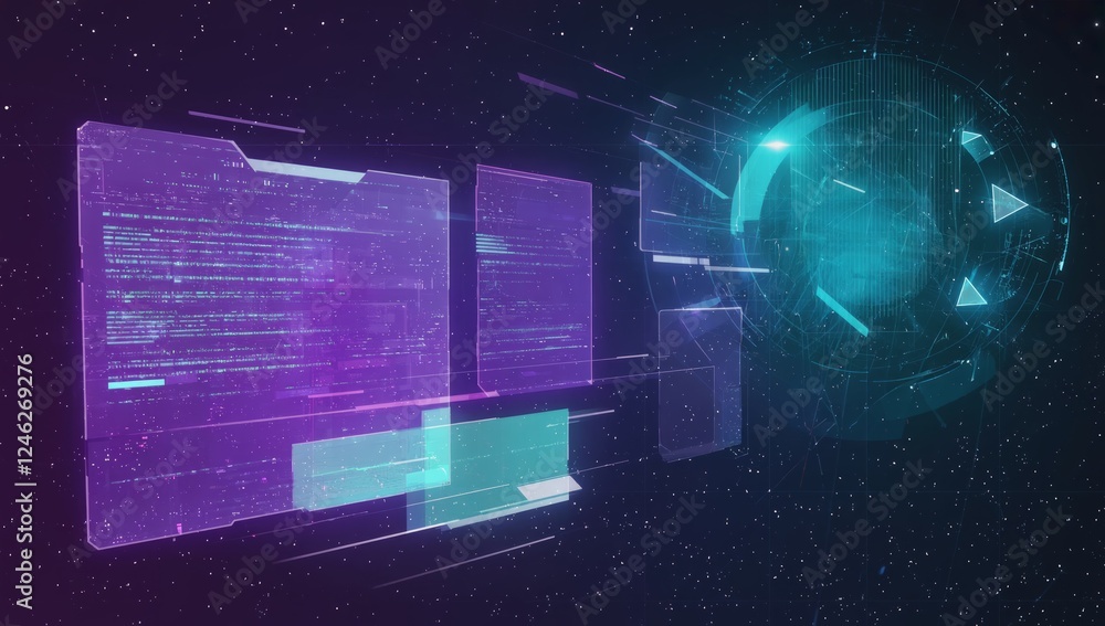 Poster digital data streams, futuristic interface, space background, tech concept
