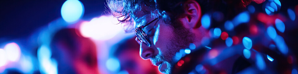 Close-up Profile of a Man in Blue and Pink Lighting