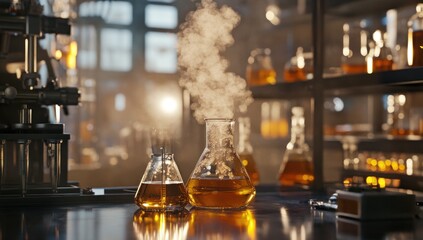 Obraz premium Science Experiment: Steaming Amber Liquid in Laboratory