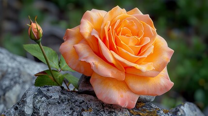 A rose balanced carefully on a stone cairn in the wilderness.  