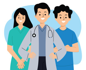 Cartoon style doctors and nurses. Cartoon healthcare professionals. Flat cartoon doctors and surgeon