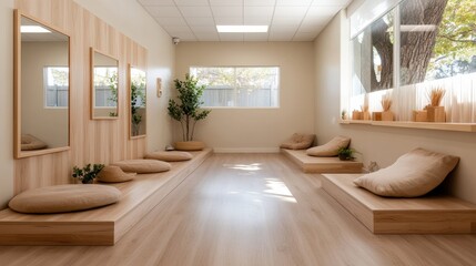 An inviting meditation space featuring comfortable cushions, natural light, and wooden accents, creating a serene atmosphere for relaxation and mindfulness practice.