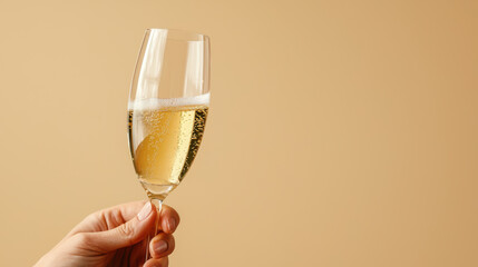 hand holding champagne glass filled with sparkling wine against beige background, celebrating special moment