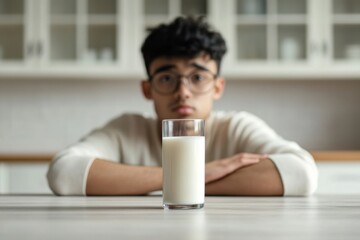 Teenager with lactose intolerance hesitates while looking at a glass of milk in bright kitchen