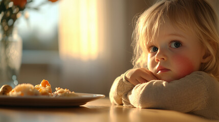 Child with Allergy Symptoms in Sunlit Kitchen Setting