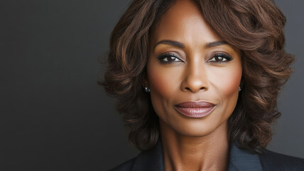 Fototapeta premium Empowering business headshot of a middle-aged black woman in professional attire studio environment close-up perspective