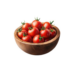 wooden bowl with fresh red cherry tomatoes isolated on transparent background