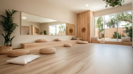 A bright and airy relaxation room featuring elegant design elements, comfortable seating, and large windows that invite nature inside for a soothing experience.