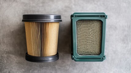 Comparing dirty air filter and fresh air filter industrial setting photography close-up contrast analysis