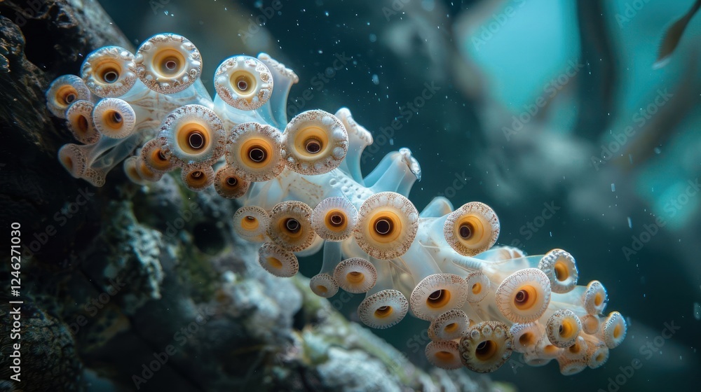Poster close-up of a unique marine organism displaying vibrant colors and intricate patterns underwater
