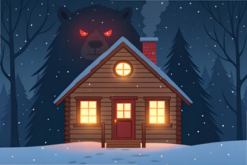 Fototapeta premium A cozy wooden cabin in a snowy forest, illuminated from within, with a large bear lurking ominously in the background.