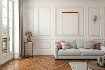 A stylish, modern living room featuring a light couch, elegant decor, and large windows with natural light illuminating the space.