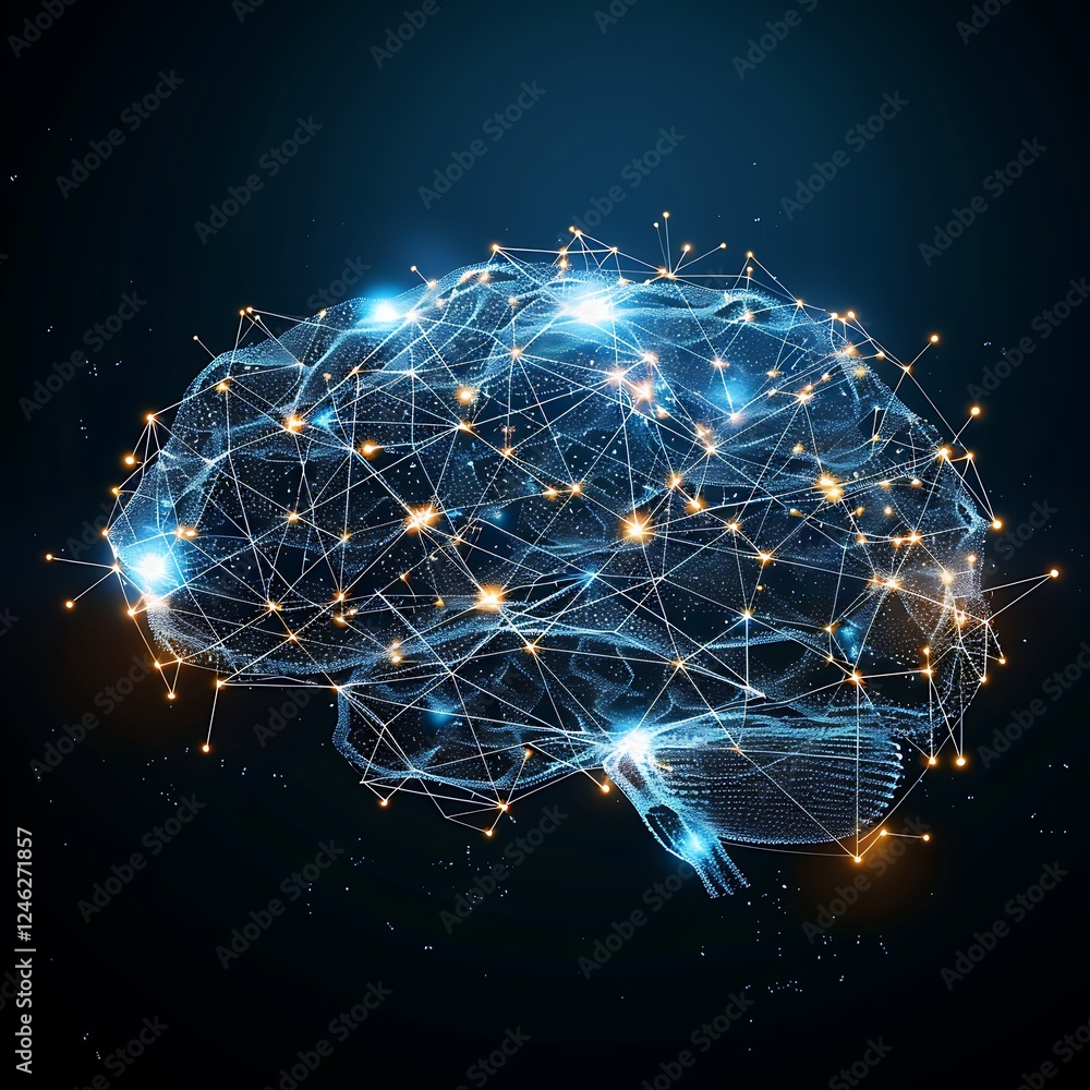 Poster abstract brain silhouette formed by network connections and glowing nodes. conceptual image for ai, 